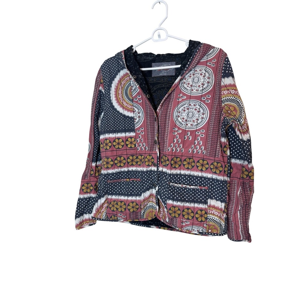 Gramicci Jacket Womens Medium Multicolor Quilted Hooded Cotton Boho Zip Print